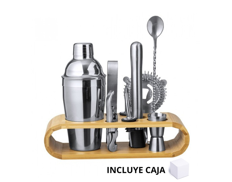 Set de Bar Acero Inoxidable con Base Bambu