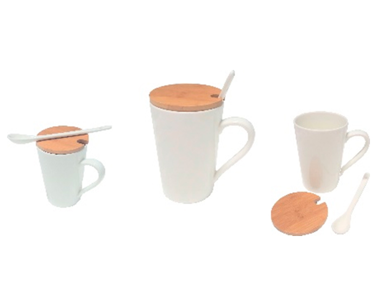 TAZA CON CUCHARITA Y TAPA DE MADERA 13 ONZAS